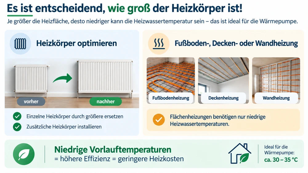 Größere Heizkörper sowie Fußboden-, Decken- und Wandheizungen ermöglichen niedrigere Heizwassertemperaturen.