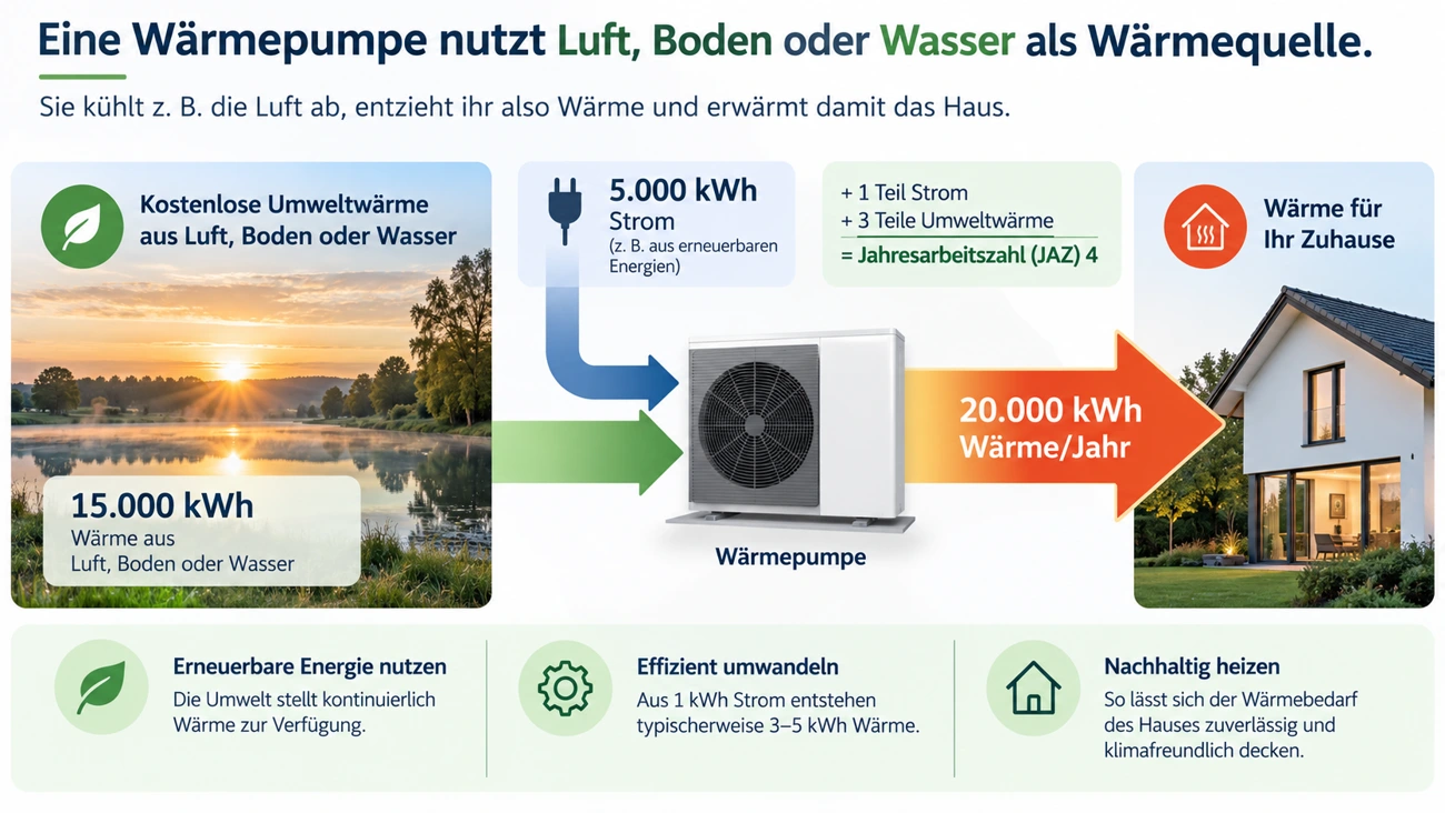 Beispiel: 15.000 Kilowattstunden Umweltwärme und 5.000 Kilowattstunden Strom ergeben 20.000 Kilowattstunden Heizwärme bei einer Jahresarbeitszahl von 4.