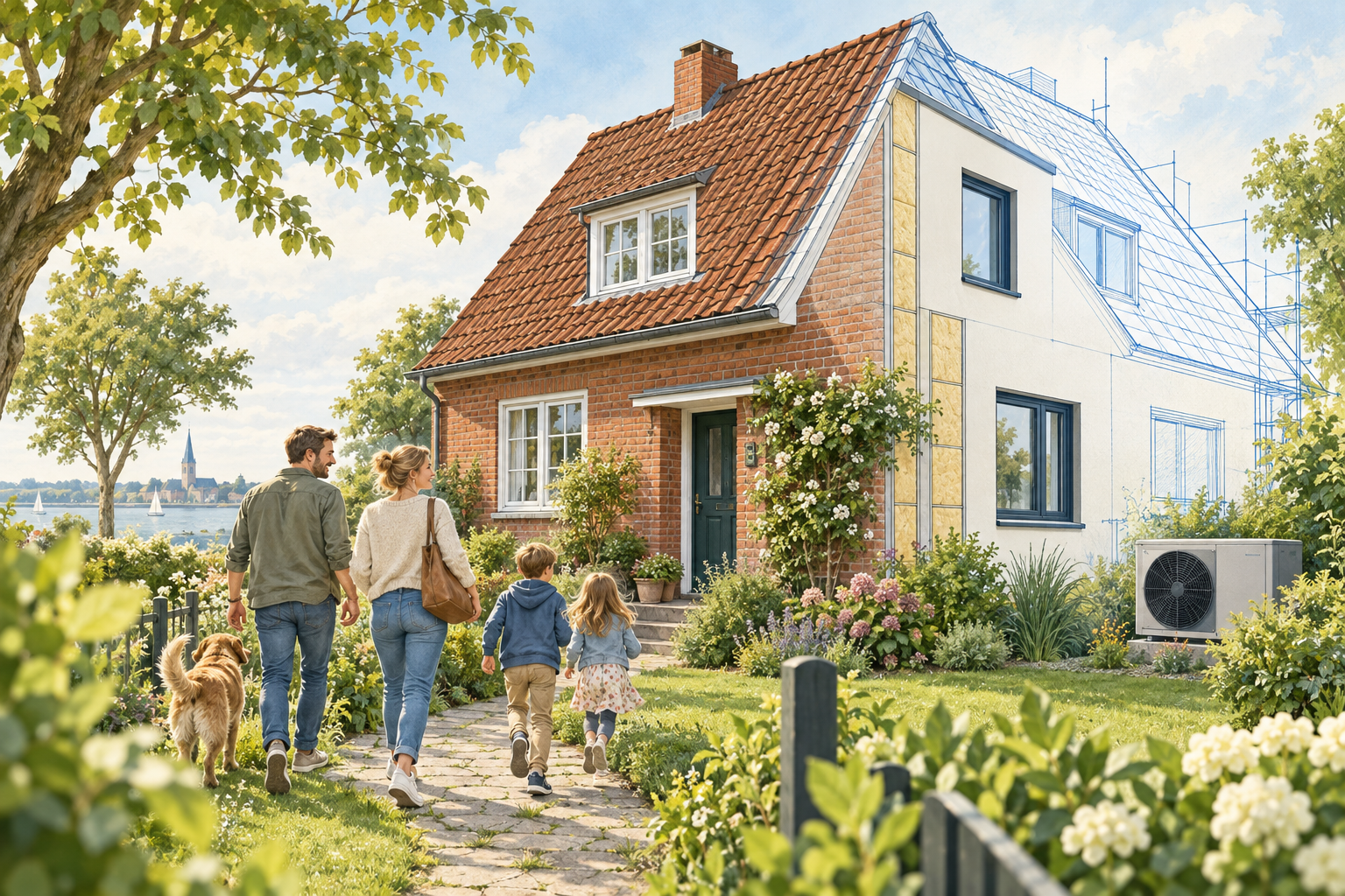 Illustration einer Familie vor einem älteren Backsteinhaus, dessen energetische Modernisierung durch eine gedämmte Fassade, neue Fenster und Planzeichnung dargestellt wird.